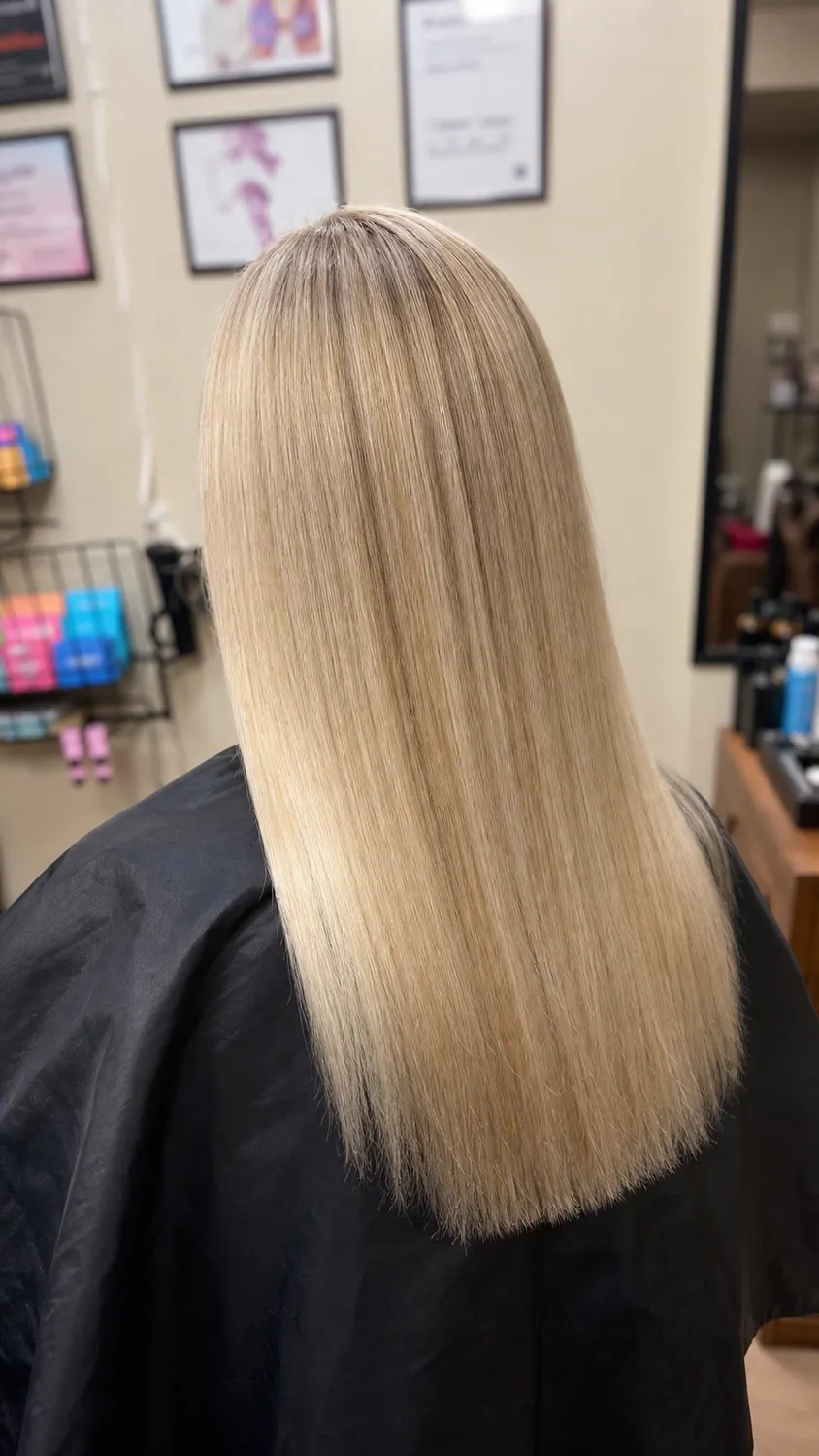 Long blonde hair color result at Hair Code salon in Highlands Ranch