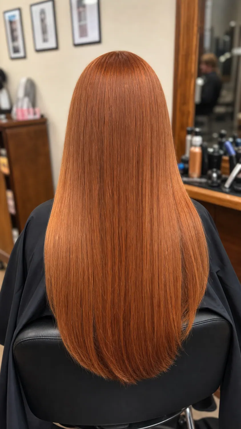 Long ginger single-tone color result at Hair Code salon in Highlands Ranch
