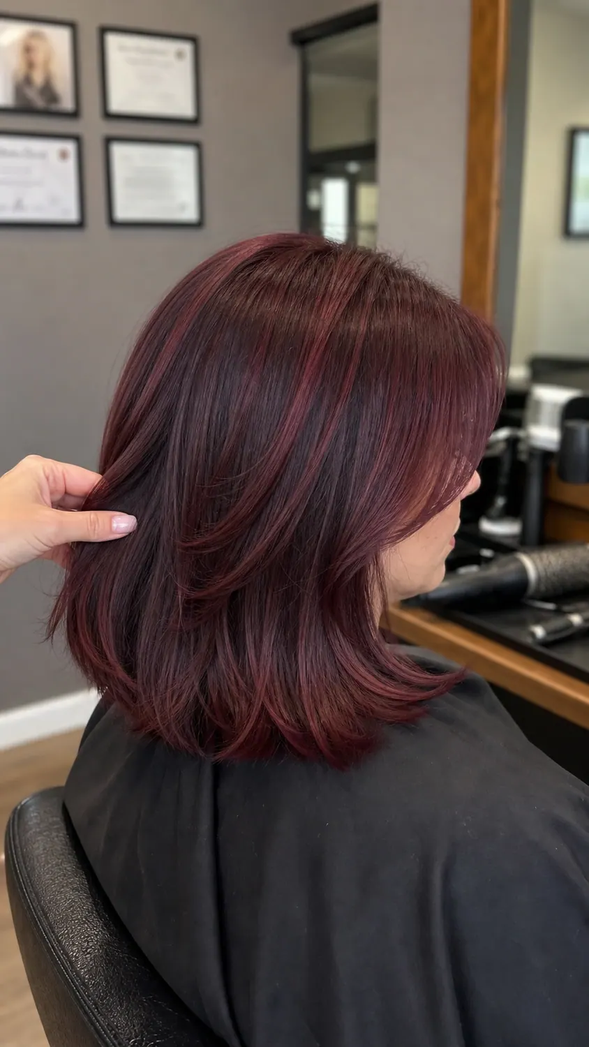 Burgundy blowout color result at Hair Code salon in Highlands Ranch