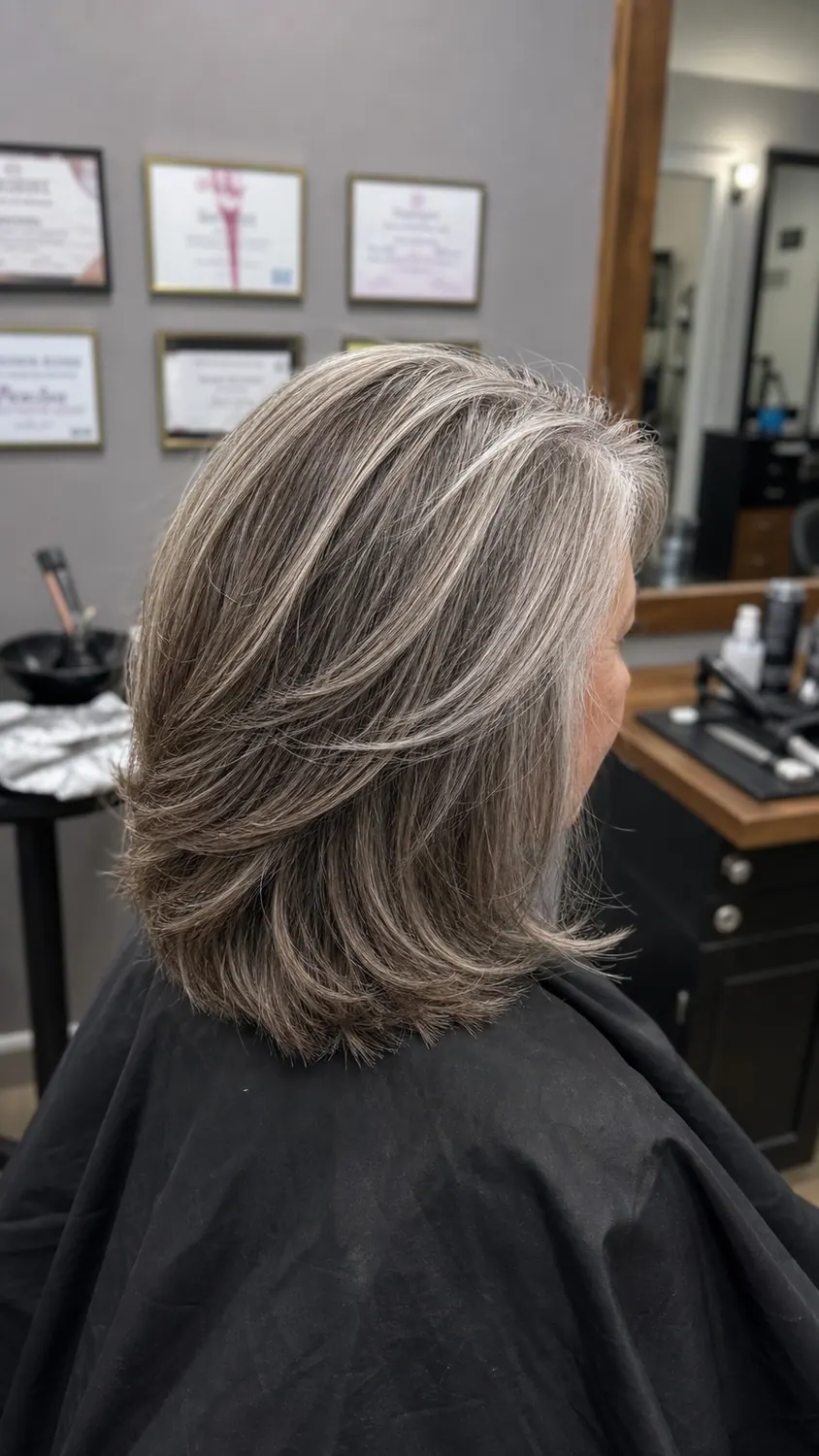 Women's gray blending hair color service at Hair Code in Highlands Ranch