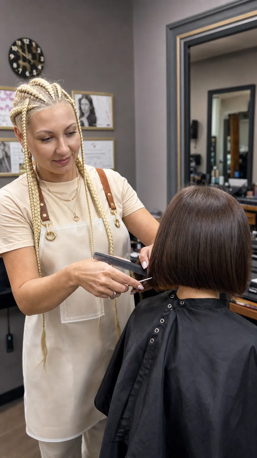 Olga Yanenko cutting a women's bob at Hair Code in Highlands Ranch, Colorado